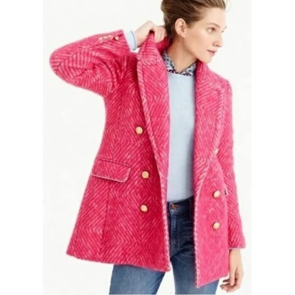 J.Crew Pink Herringbone Tweed Double Breasted Blazer Gold Crest Buttons - Picture 2 of 16